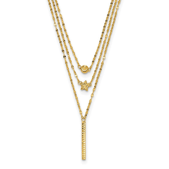14K Three Strand Diamond-cut Bead/Star/Bar 18 inch Necklace