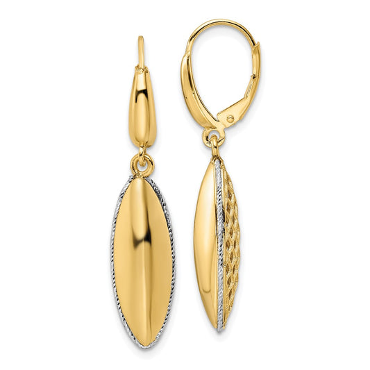 14K Two-tone Polished Diamond-cut Hollow Oval Drop Leverback Earrings