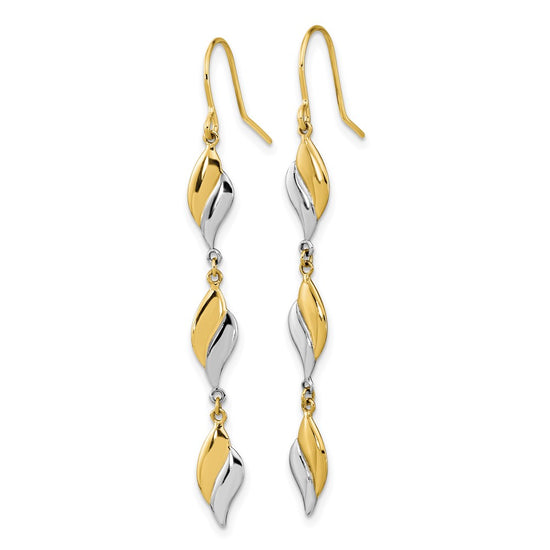 14K Two-tone Polished Wavy Dangle Shepherd Hook Earrings