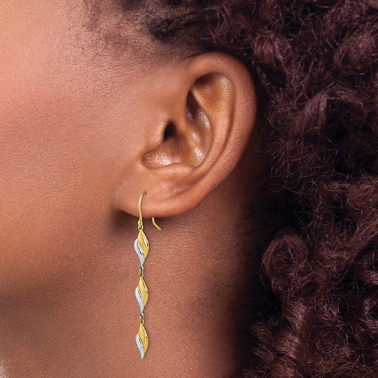 14K Two-tone Polished Wavy Dangle Shepherd Hook Earrings
