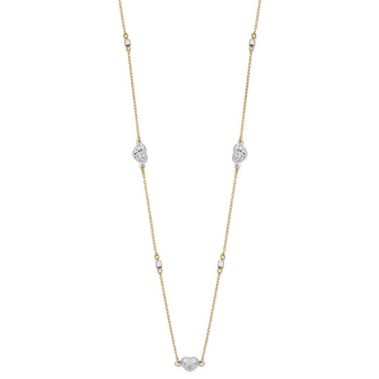 14K Two Tone Polished Diamond-cut Puffed Hearts and Beads 18 inch Necklace