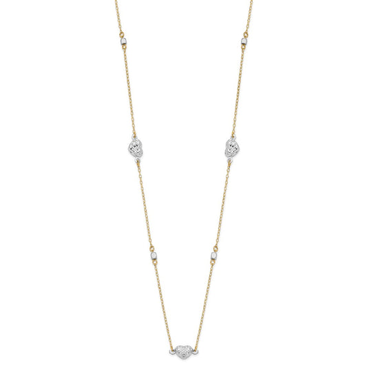 14K Two Tone Polished Diamond-cut Puffed Hearts and Beads 18 inch Necklace