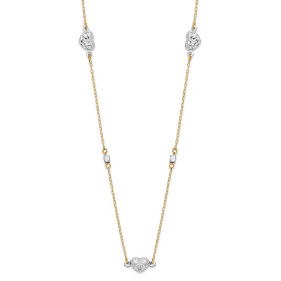 14K Two Tone Polished Diamond-cut Puffed Hearts and Beads 18 inch Necklace