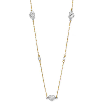 14K Two Tone Polished Diamond-cut Puffed Hearts and Beads 18 inch Necklace