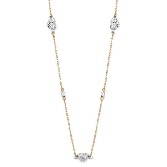 14K Two Tone Polished Diamond-cut Puffed Hearts and Beads 18 inch Necklace