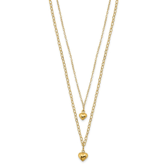 14K Double Layer Heart Link with Polished Puffed Hearts 16 inch Necklace Plus 2 inch Extender