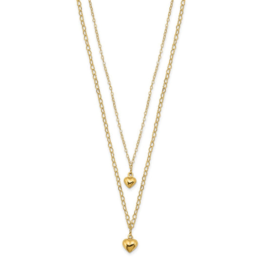 14K Double Layer Heart Link with Polished Puffed Hearts 16 inch Necklace Plus 2 inch Extender