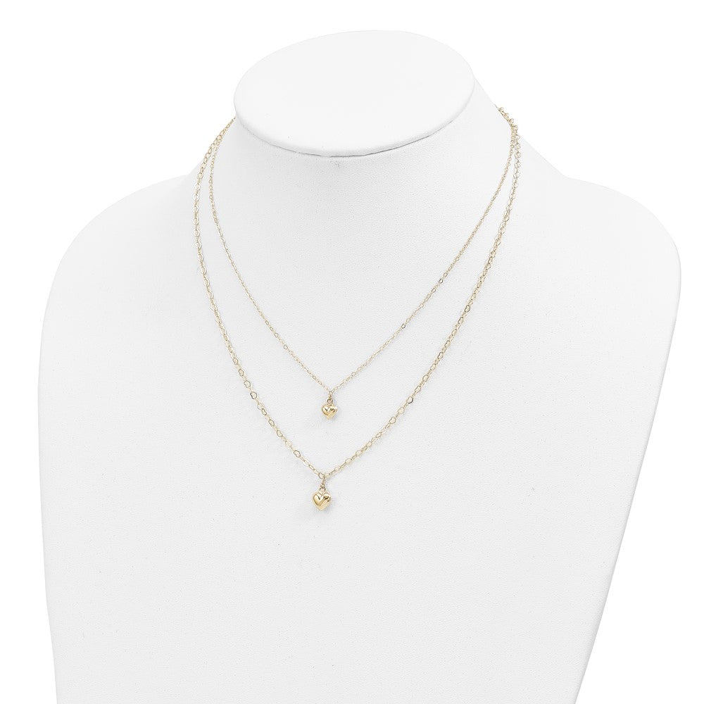 14K Double Layer Heart Link with Polished Puffed Hearts 16 inch Necklace Plus 2 inch Extender