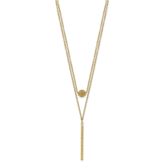 14K Double Layer Hollow Filigree Bead and Diamond-cut Bar 16 inch Necklace Plus 2 inch Extender