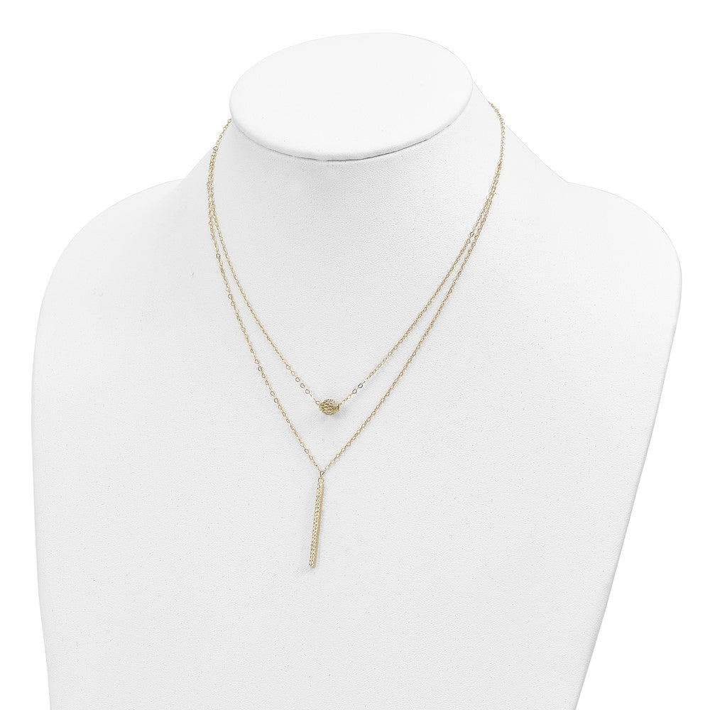 14K Double Layer Hollow Filigree Bead and Diamond-cut Bar 16 inch Necklace Plus 2 inch Extender