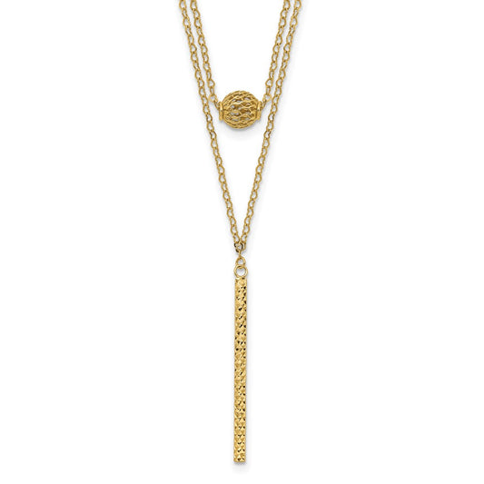 14K Double Layer Hollow Filigree Bead and Diamond-cut Bar 16 inch Necklace Plus 2 inch Extender