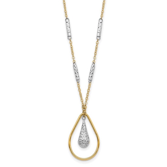 14K Two-tone Polished and Diamond-cut Teardrop and Bar 17 inch Necklace