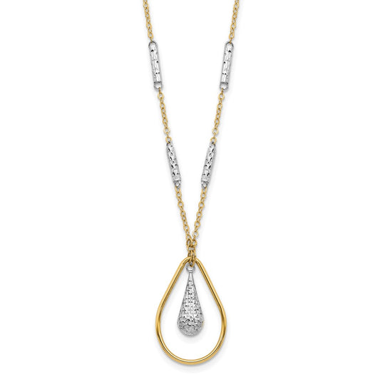 14K Two-tone Polished and Diamond-cut Teardrop and Bar 17 inch Necklace