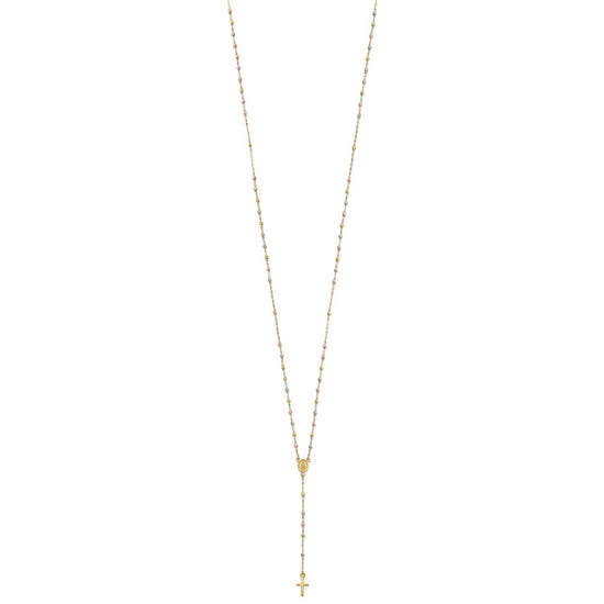 14k Tri-color Cross and Miraculous Medal with Laser-cut Beads 17 inch Rosary Necklace Plus 3 inch Extender