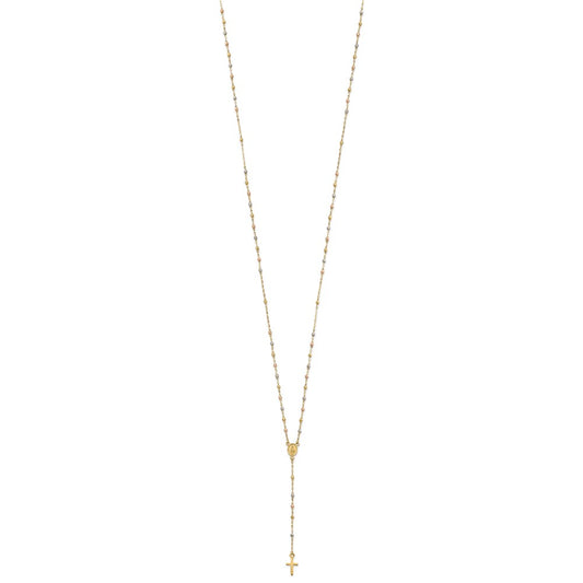 14k Tri-color Cross and Miraculous Medal with Laser-cut Beads 17 inch Rosary Necklace Plus 3 inch Extender
