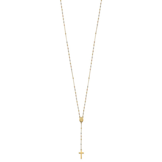 14k Tri-color Cross and Miraculous Medal with Laser-cut Beads 17 inch Rosary Necklace Plus 3 inch Extender