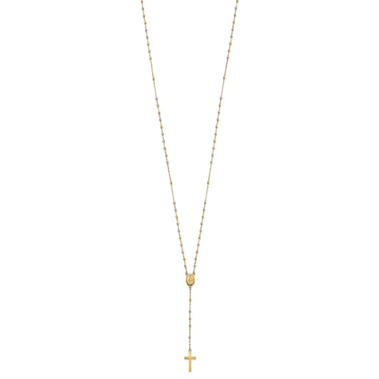 14k Tri-color Cross and Miraculous Medal with Laser-cut Beads 17 inch Rosary Necklace Plus 3 inch Extender