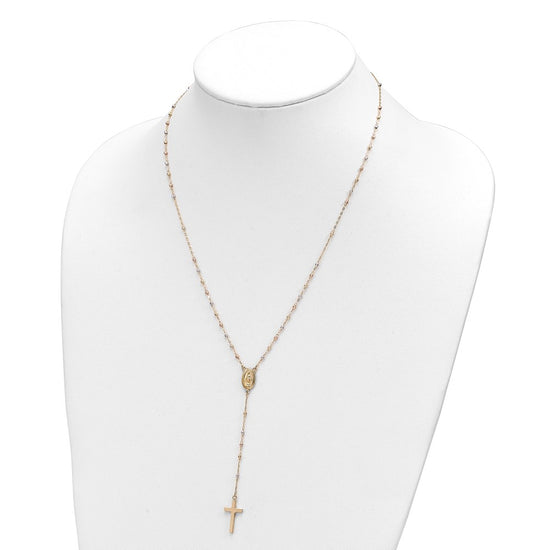 14k Tri-color Cross and Miraculous Medal with Laser-cut Beads 17 inch Rosary Necklace Plus 3 inch Extender