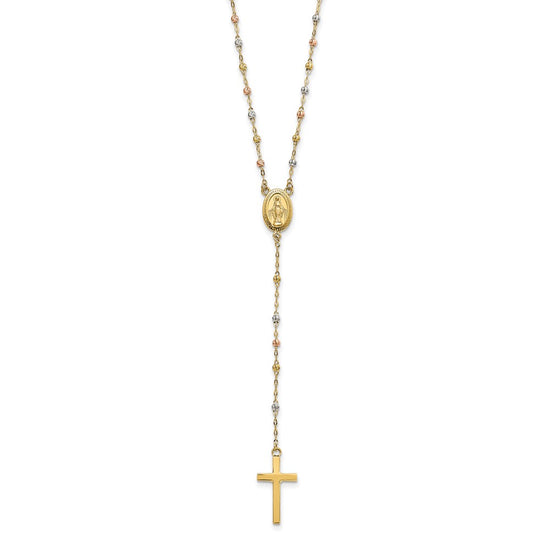 14k Tri-color Cross and Miraculous Medal with Laser-cut Beads 17 inch Rosary Necklace Plus 3 inch Extender