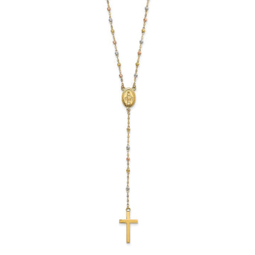 14k Tri-color Cross and Miraculous Medal with Laser-cut Beads 17 inch Rosary Necklace Plus 3 inch Extender