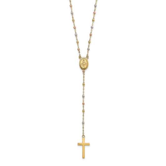 14k Tri-color Cross and Miraculous Medal with Laser-cut Beads 17 inch Rosary Necklace Plus 3 inch Extender