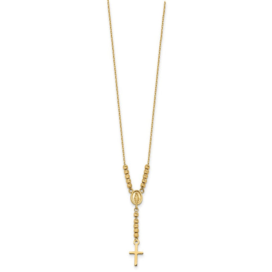 14K Polished Miraculous Medal and Cross with Diamond-cut Beads 17 inch Y-Necklace