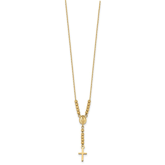 14K Polished Miraculous Medal and Cross with Diamond-cut Beads 17 inch Y-Necklace