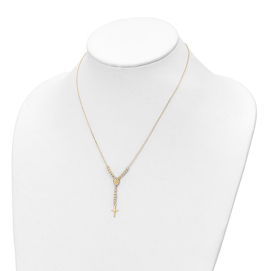 14K Polished Miraculous Medal and Cross with Diamond-cut Beads 17 inch Y-Necklace
