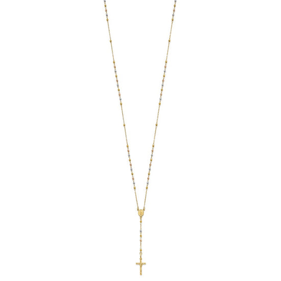 14K Tri-color Polished Crucifix and Miraculous Medal with Faceted Beads 24 inch Rosary Necklace