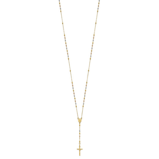 14K Tri-color Polished Crucifix and Miraculous Medal with Faceted Beads 24 inch Rosary Necklace