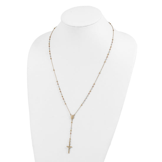 14K Tri-color Polished Crucifix and Miraculous Medal with Faceted Beads 24 inch Rosary Necklace