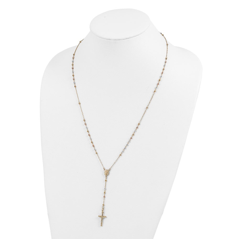14K Tri-color Polished Crucifix and Miraculous Medal with Faceted Beads 24 inch Rosary Necklace