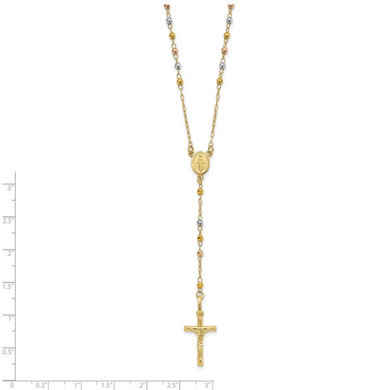14K Tri-color Polished Crucifix and Miraculous Medal with Faceted Beads 24 inch Rosary Necklace