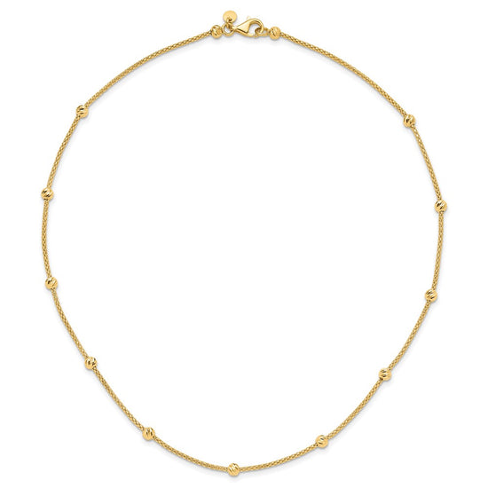 14K Polished Diamond-cut Beads and Mesh Chain 17 inch Necklace