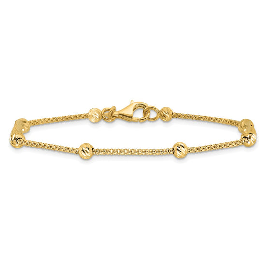 14K Polished Diamond-cut Beads and Mesh Chain 7.5 inch Bracelet