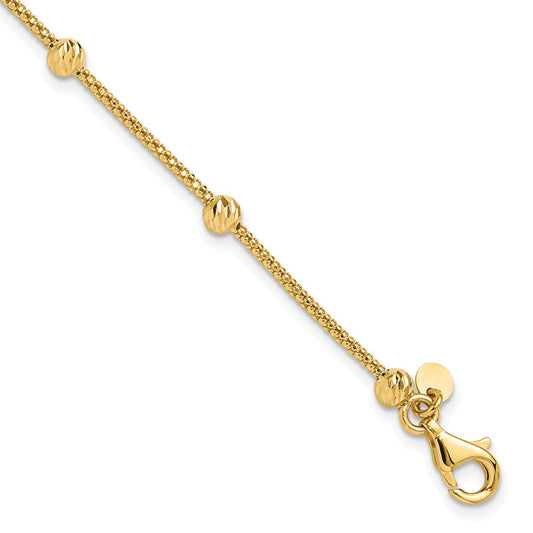 14K Polished Diamond-cut Beads and Mesh Chain 7.5 inch Bracelet