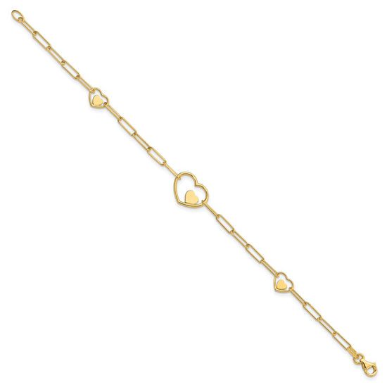 14K Double Hearts and Paperclip Links 7.25in Bracelet