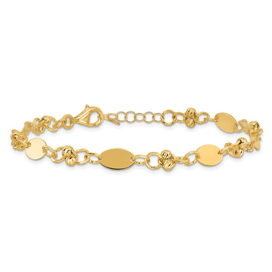 14K Polished and Diamond-cut Beaded Fancy Plus 1in ext. Bracelet
