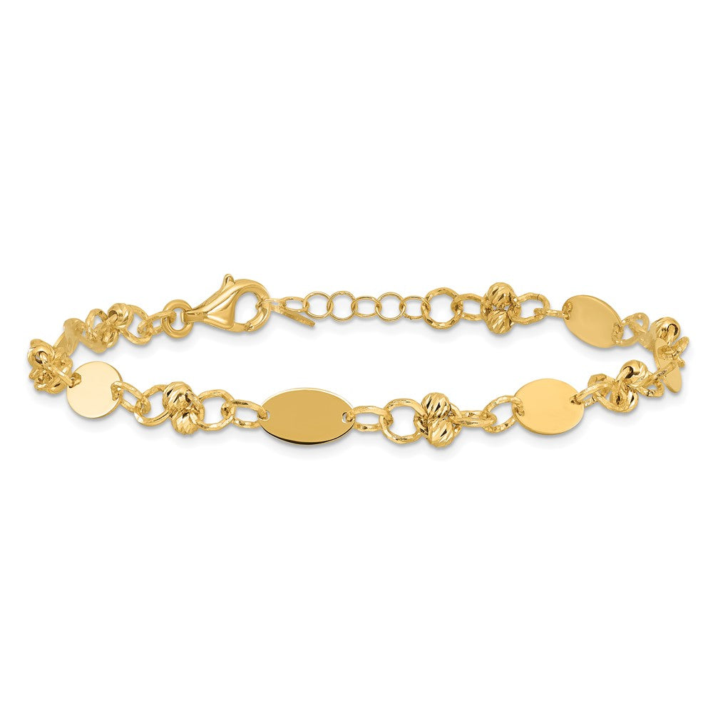 14K Polished and Diamond-cut Beaded Fancy Plus 1in ext. Bracelet