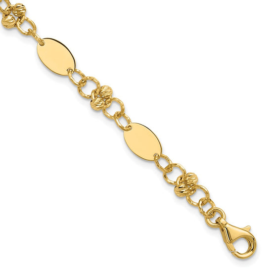 14K Polished and Diamond-cut Beaded Fancy Plus 1in ext. Bracelet