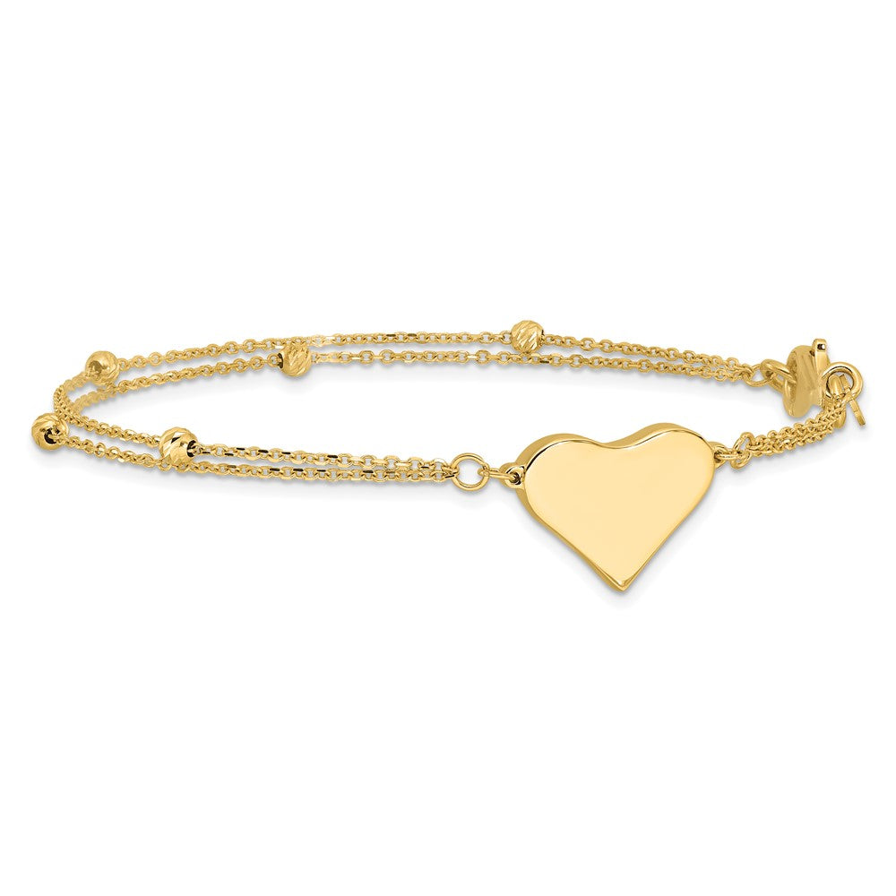 14K Polished 11x18mm Heart and Diamond-cut Beaded 2-Strand 7.5 inch Bracelet