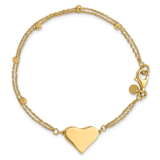 14K Polished 11x18mm Heart and Diamond-cut Beaded 2-Strand 7.5 inch Bracelet