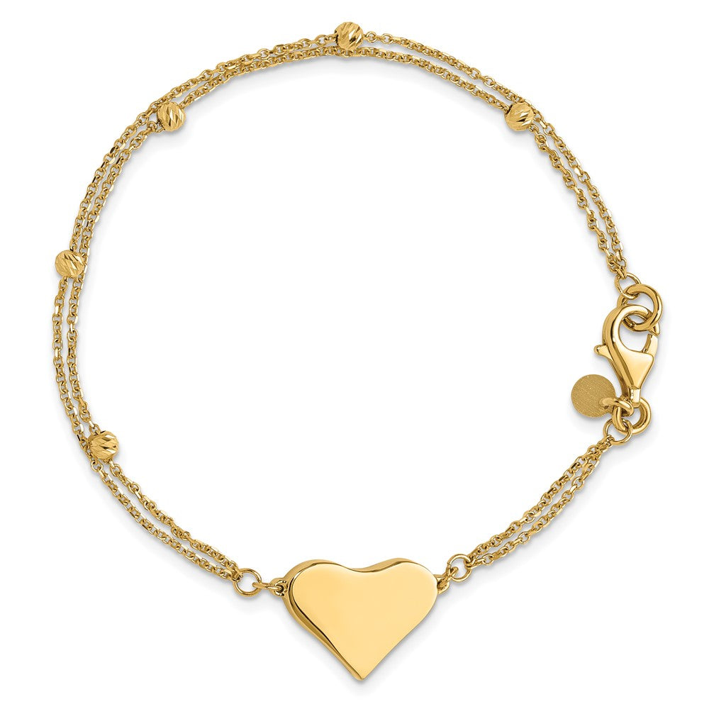 14K Polished 11x18mm Heart and Diamond-cut Beaded 2-Strand 7.5 inch Bracelet