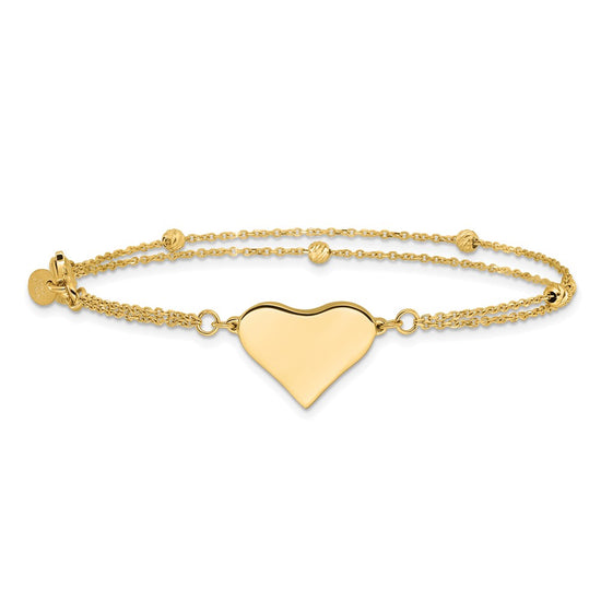 14K Polished 11x18mm Heart and Diamond-cut Beaded 2-Strand 7.5 inch Bracelet