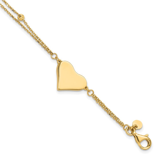 14K Polished 11x18mm Heart and Diamond-cut Beaded 2-Strand 7.5 inch Bracelet