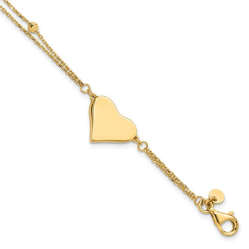 14K Polished 11x18mm Heart and Diamond-cut Beaded 2-Strand 7.5 inch Bracelet