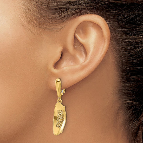 14K Polished and Textured Omega Back Dangle Earrings