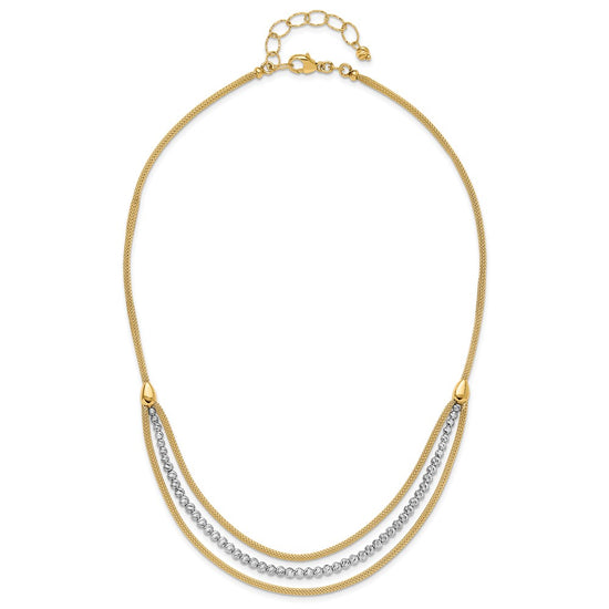 14K Two-tone Diamond-cut Beads and Mesh Chain 3-Strand Bib 15.75 inch Necklace Plus 2 inch Extender