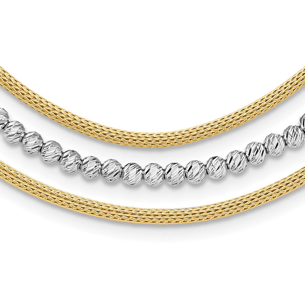 14K Two-tone Diamond-cut Beads and Mesh Chain 3-Strand Bib 15.75 inch Necklace Plus 2 inch Extender