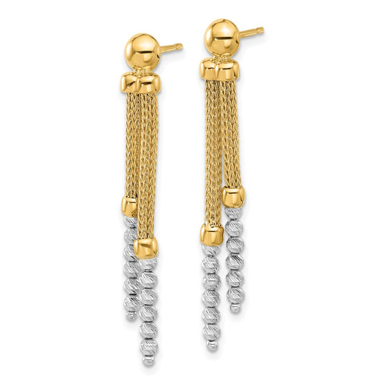 14K Two-tone Polished and Diamond-cut Beads and Mesh Chain Dangle Post Earrings